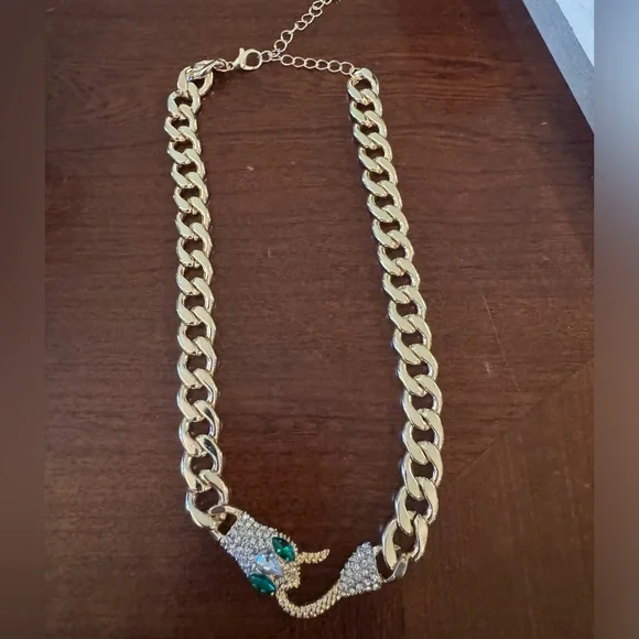 Simulated Diamond Inlaid Snake Head & Tail, Emerald Color eyes Goldtone Necklace - Picture 6 of 9